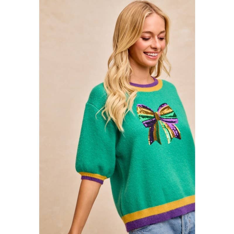 Mardi Gras Ladies Sequin Ribbon Patched Sweater Top