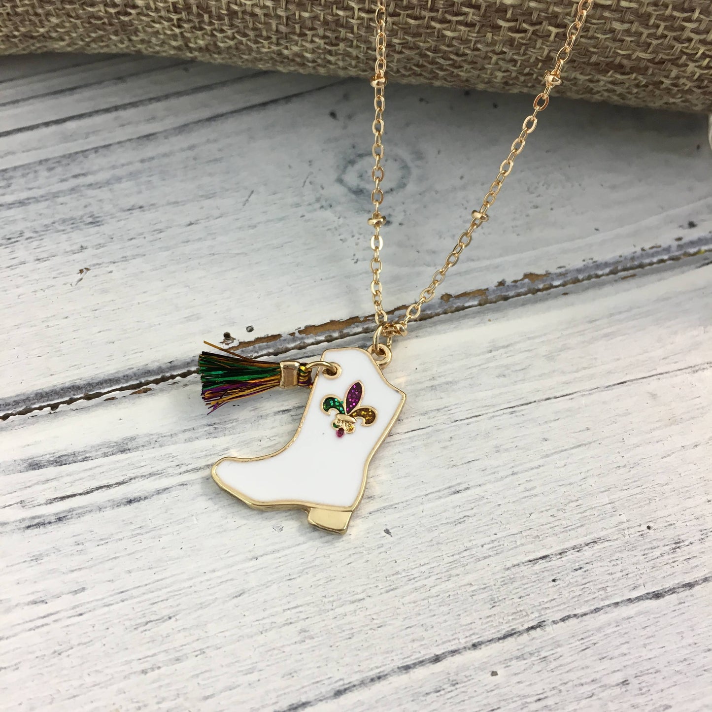 Enamel Mardi Gras Marching  Boot Necklace