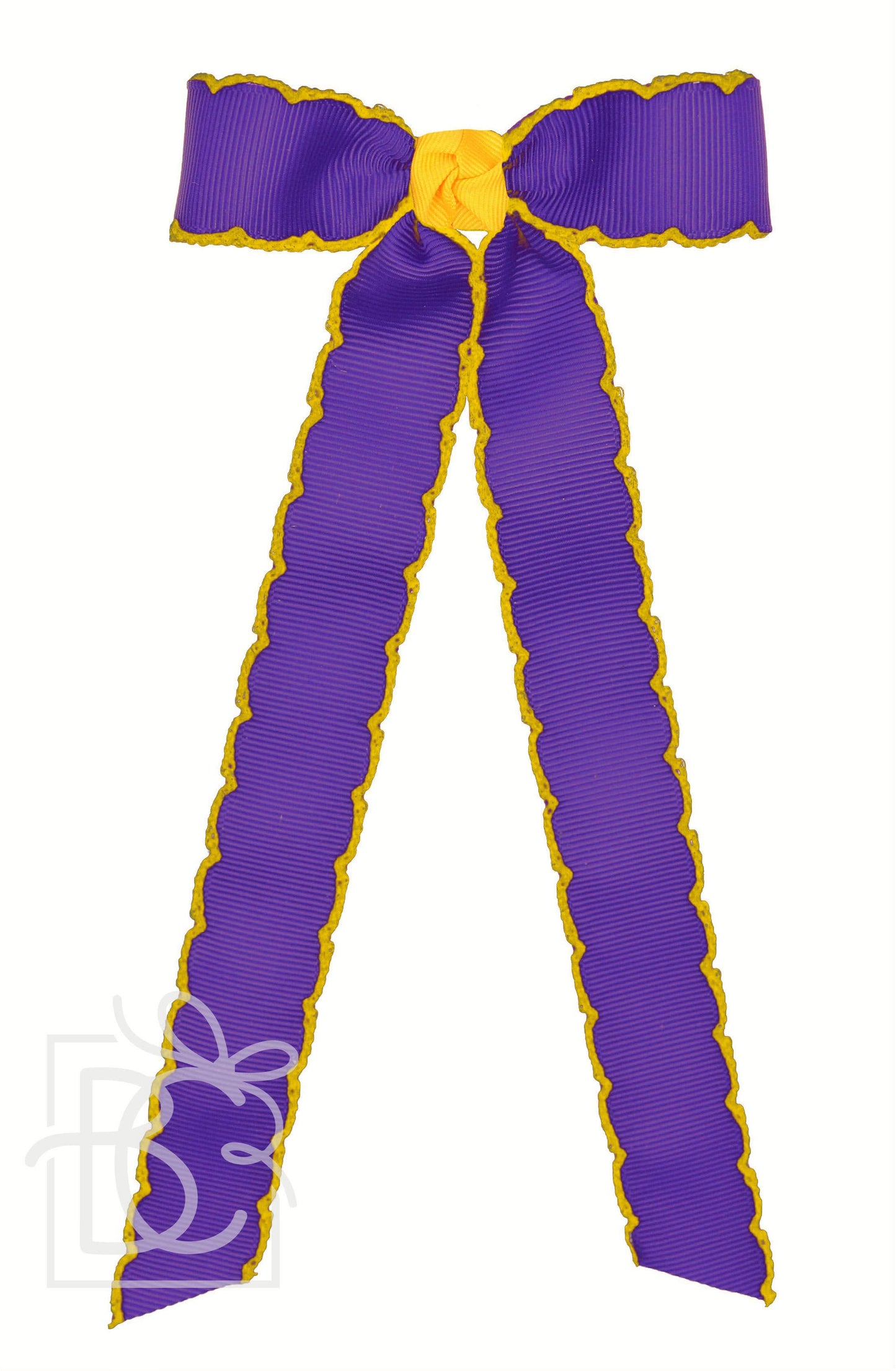 Moonstitch Two Tone Flat Bow Streamer (Purple & Yellow Gold): 4.5" Large - 1.5" Ribbon on Alligator Clip
