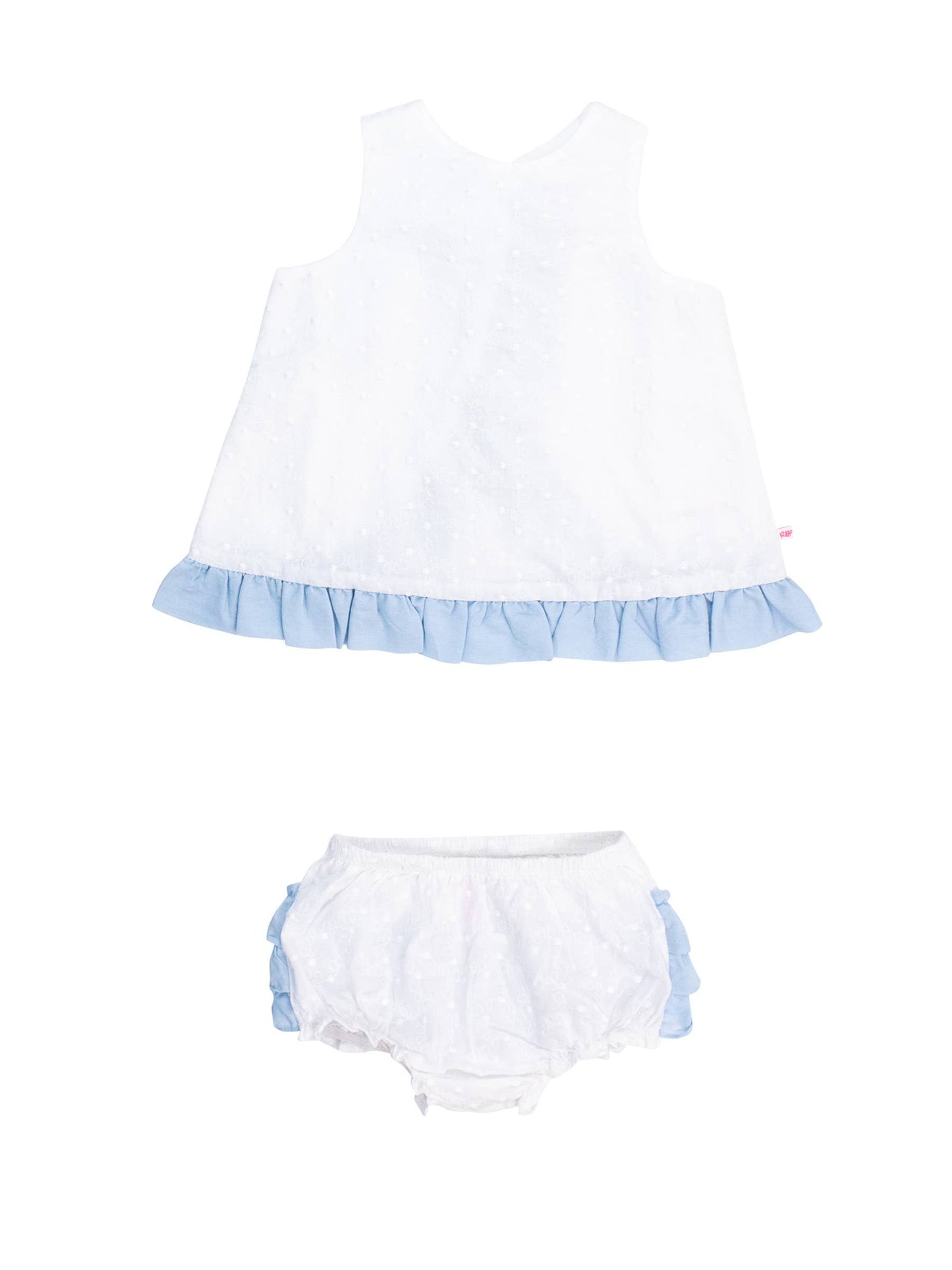 White & Light Blue Swiss Dot Swing Top & Bloomer Set