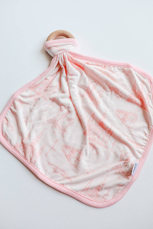 Nola Pink Toile Bamboo Lovie with Wooden Ring