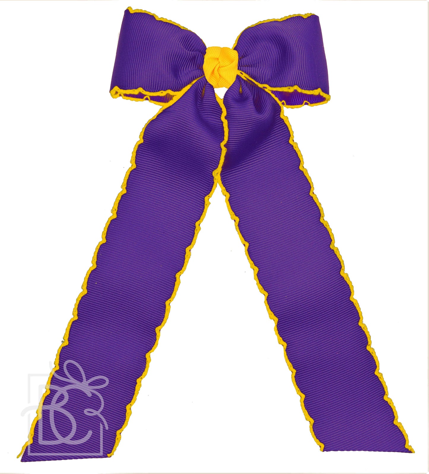 Moonstitch Two Tone Flat Bow Streamer (Purple & Yellow Gold): 4.5" Large - 1.5" Ribbon on Alligator Clip