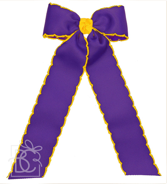 Moonstitch Two Tone Flat Bow Streamer (Purple & Yellow Gold): 4.5" Large - 1.5" Ribbon on Alligator Clip