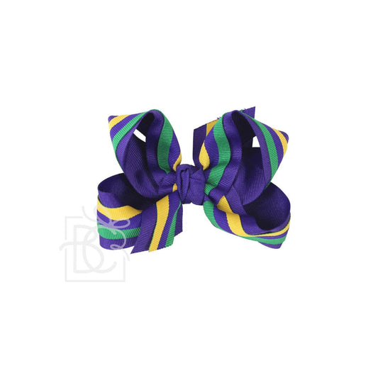 Layered Mardi Gras Stripe Bow on Alligator Clip: 4.5" Large - 1.5" Gros. & 1.5" Mardi Gras Ribbon