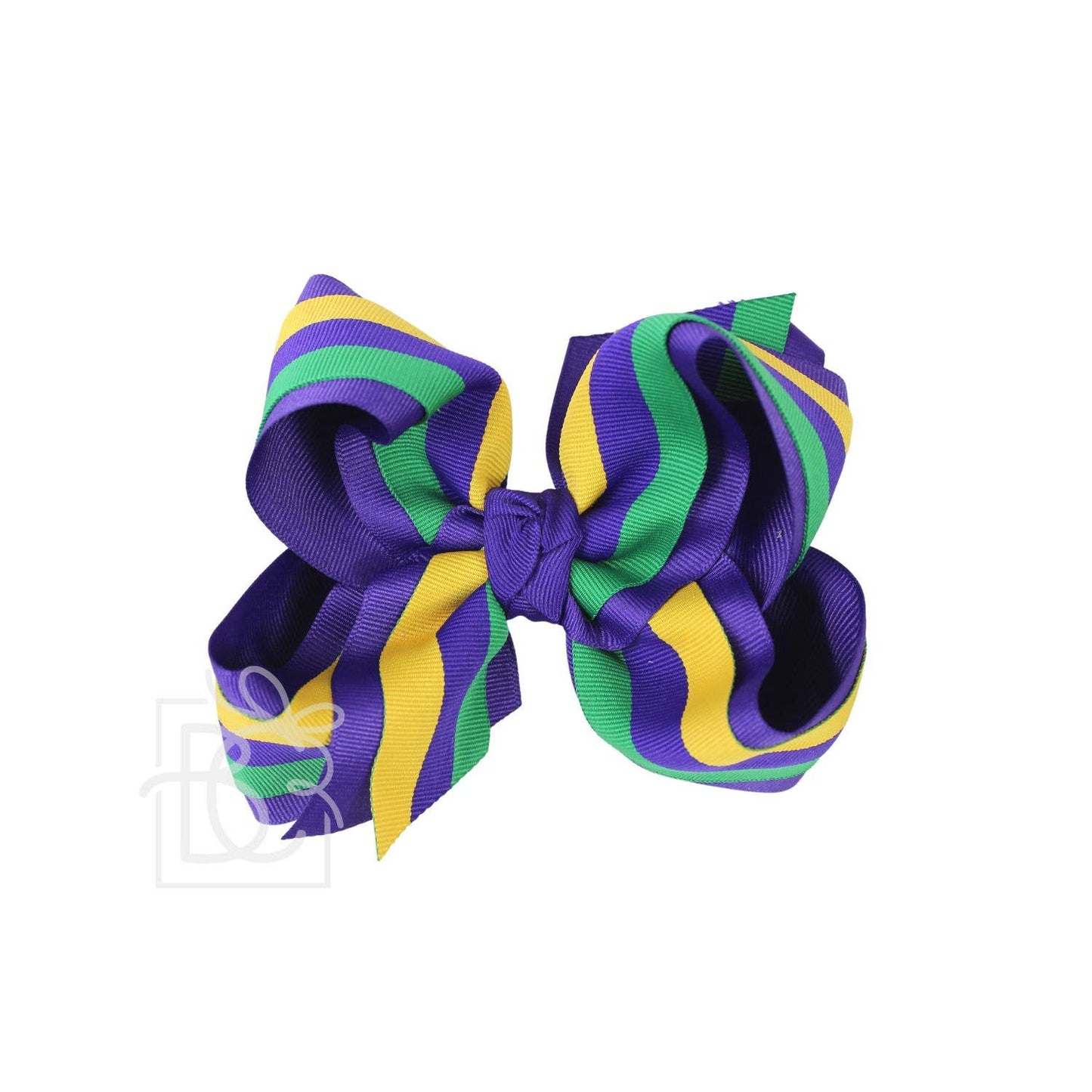 Layered Mardi Gras Stripe Bow on Alligator Clip: 5.5" Huge - 2.25" Gros. & 2" Mardi Gras Ribbon