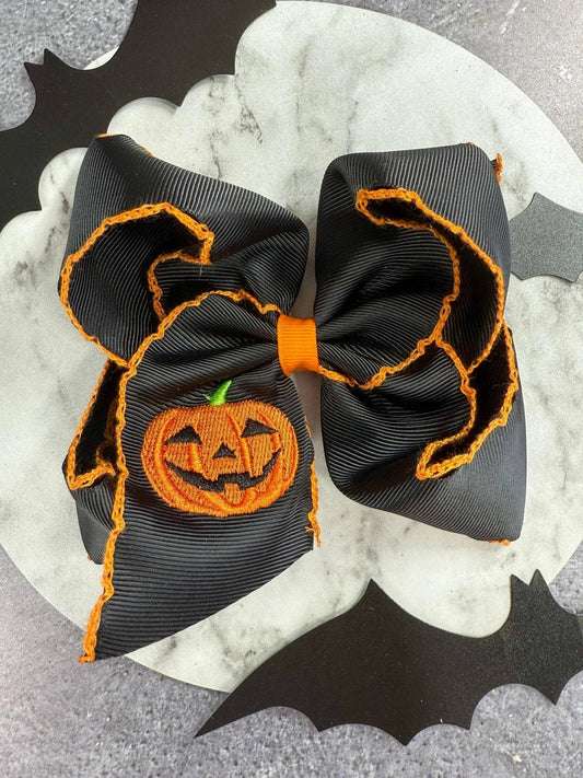 Jack-o-Lantern Embroidered Moonstitch Hair Bow | Clip