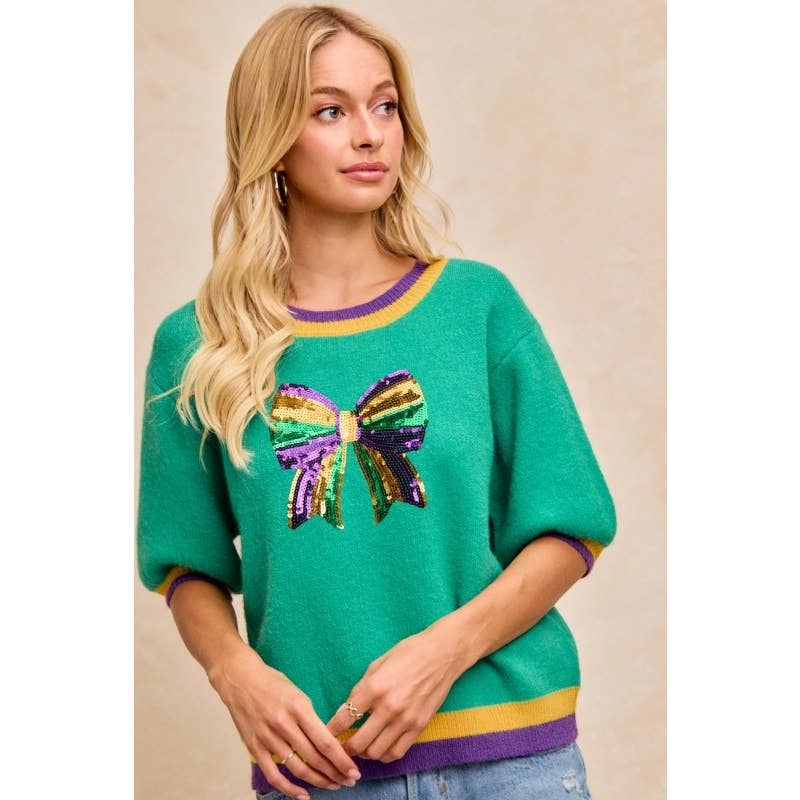 Mardi Gras Ladies Sequin Ribbon Patched Sweater Top