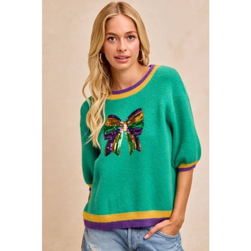 Mardi Gras Ladies Sequin Ribbon Patched Sweater Top