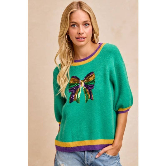 Mardi Gras Ladies Sequin Ribbon Patched Sweater Top