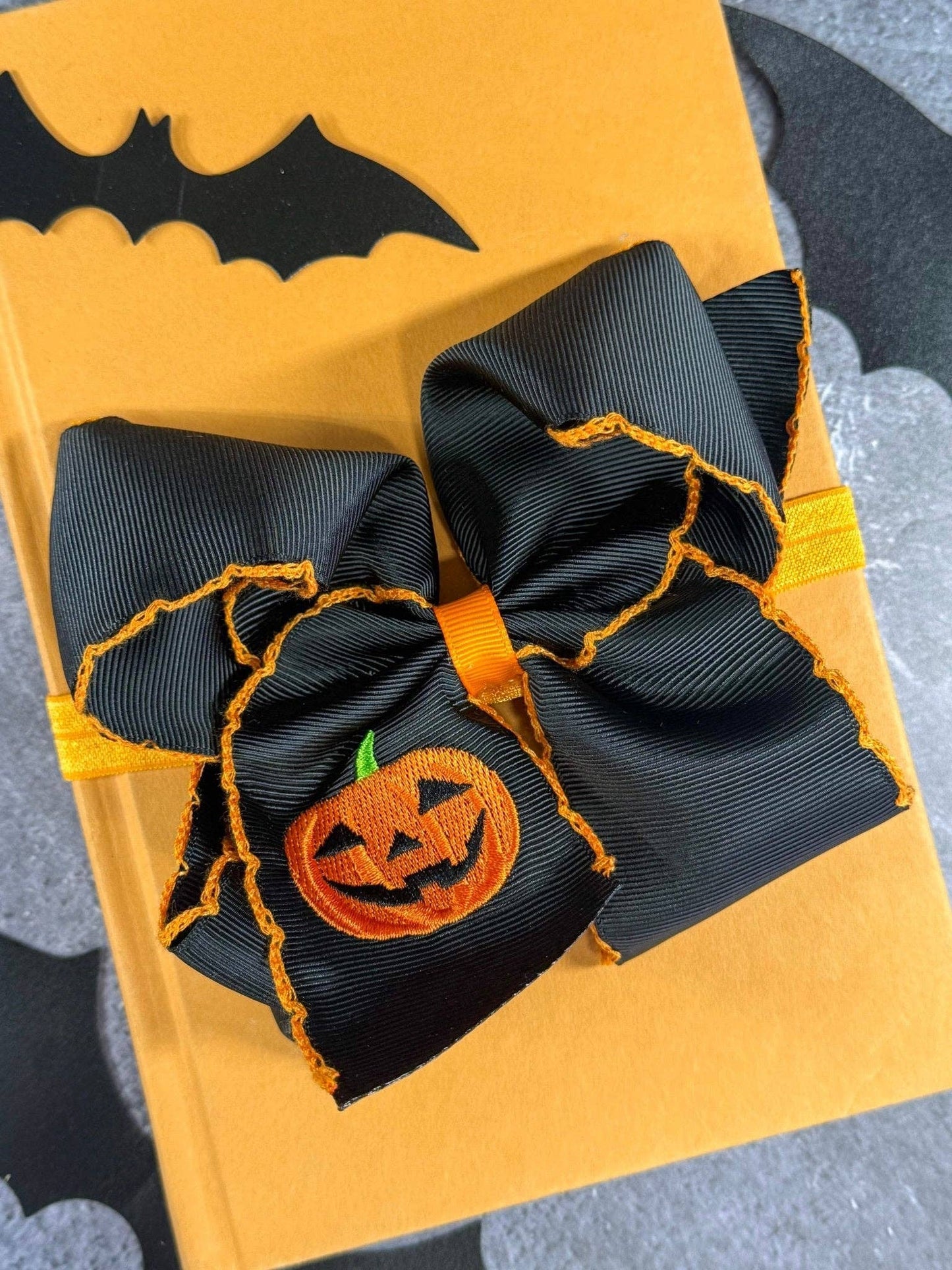 Jack-o-Lantern Embroidered Moonstitch Hair Bow | Clip