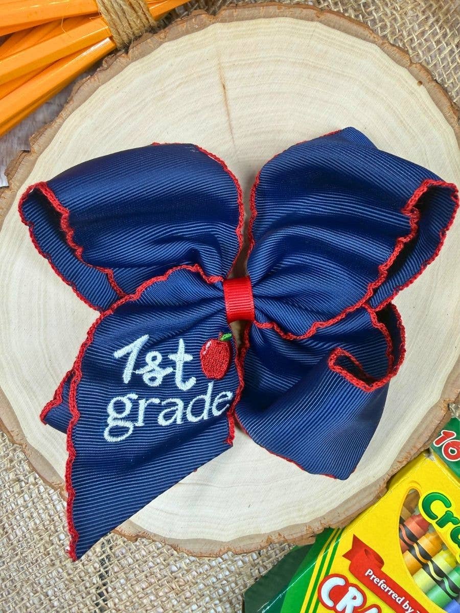 School Grade Embroidered Apple Moonstitch Bow