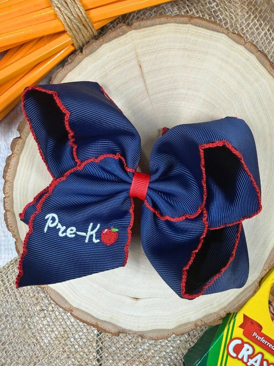 School Grade Embroidered Apple Moonstitch Bow