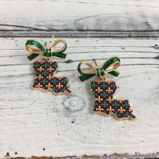 Mardi Gras LA state FDL bow earrings