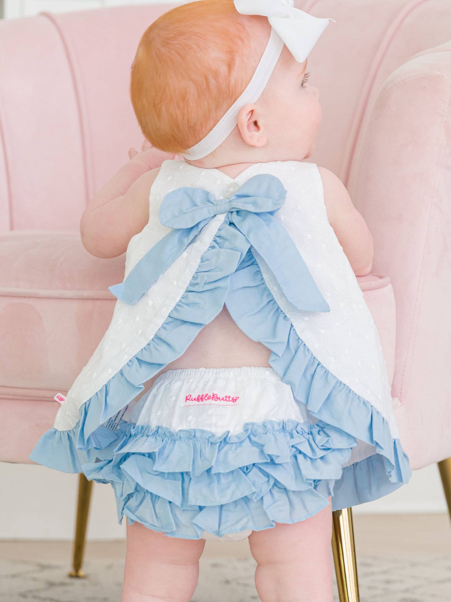White & Light Blue Swiss Dot Swing Top & Bloomer Set