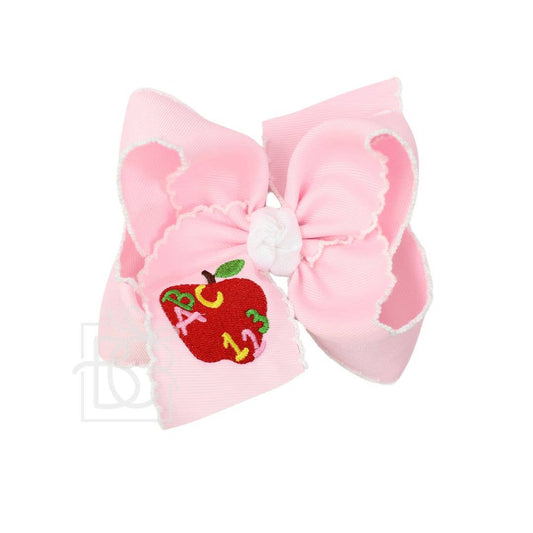 Embroidered Apple 'ABC 123'  on Crochet Edge Bow: 4.5" Large