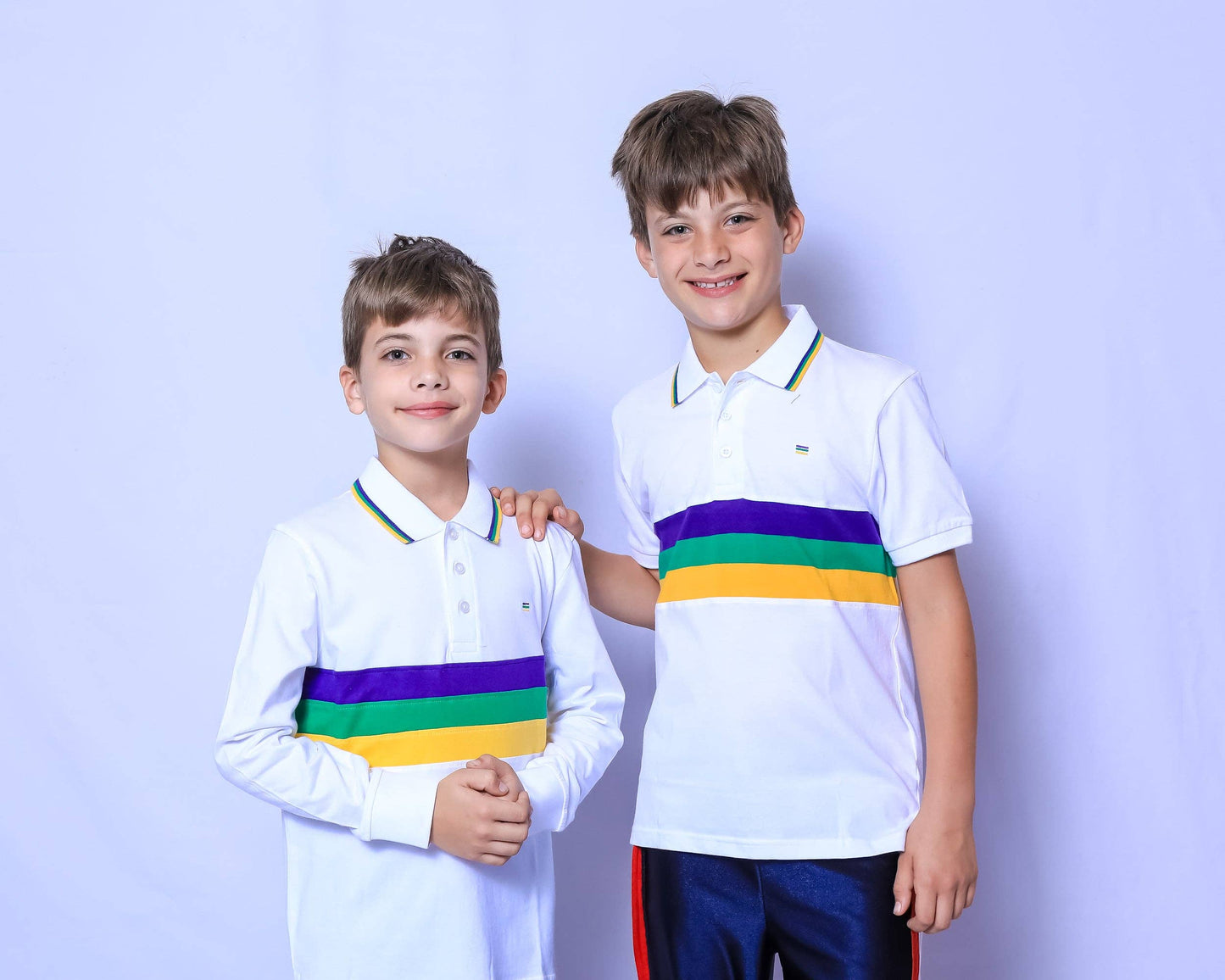 White Chest Stripe Youth Short Sleeve Mardi Gras Polo