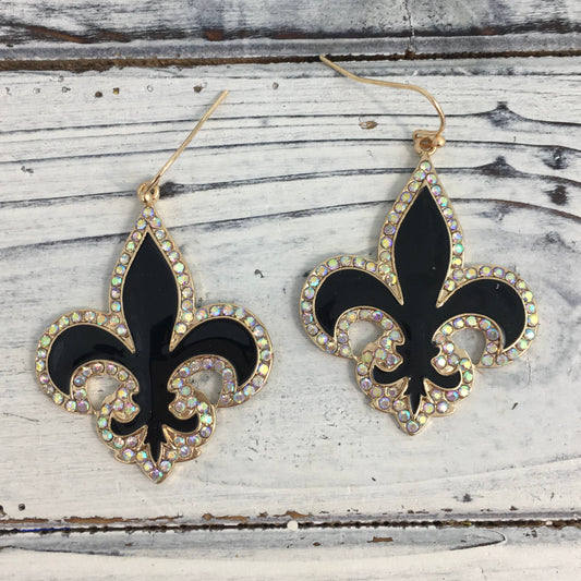 Stone Lined Fleur De Lis Dangle Earrings