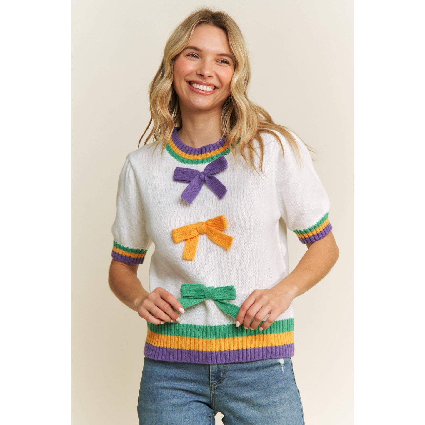 MARDI GRAS BOW DETAIL PUFF SLEEVE PULLOVER TOP