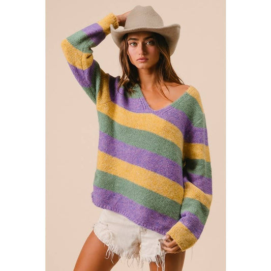 Ladies V-NECK MARDI GRAS STRIPES SWEATER