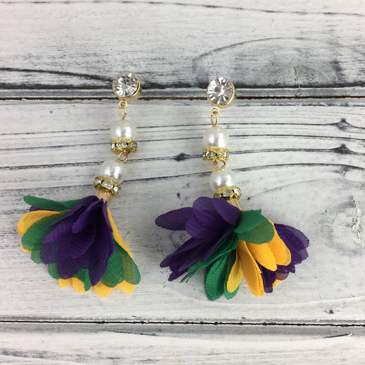 Mardi Gras flower petal and pearl earrings