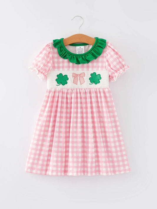 St. Patrick's Day Smocked 4-leaf Clover Bow Dress