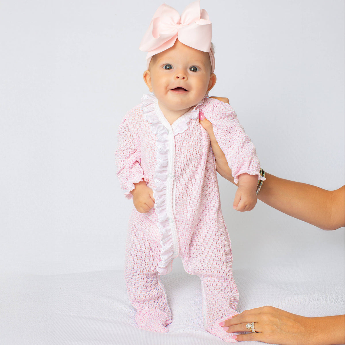 Paty Pink Knit Solid Color Footie with Eyelet Trim