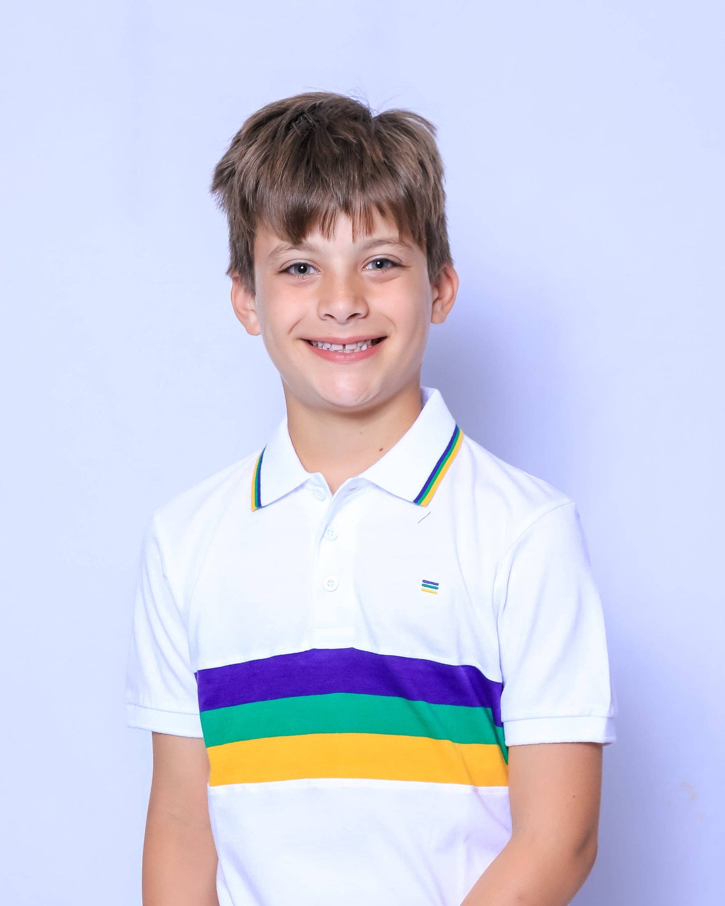 White Chest Stripe Youth Short Sleeve Mardi Gras Polo