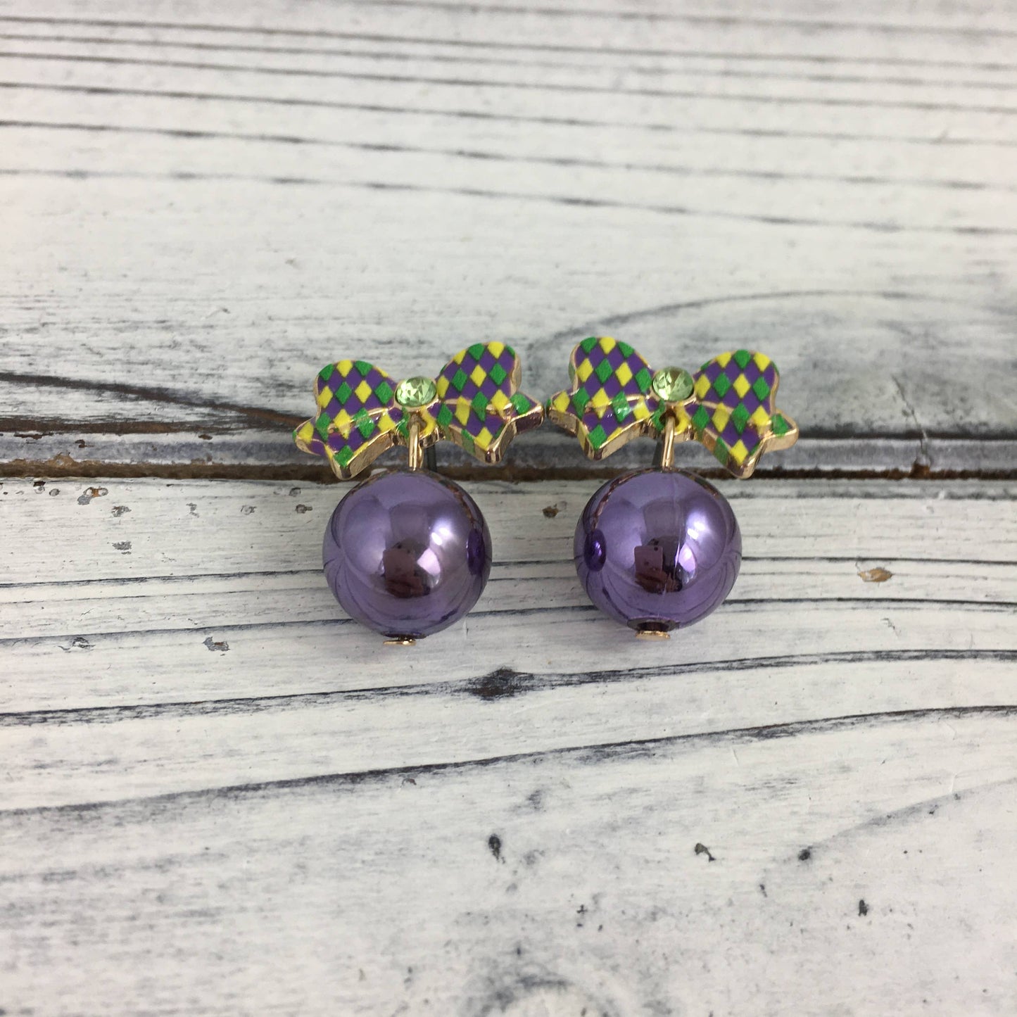 Mardi Gras bow and bead earrings