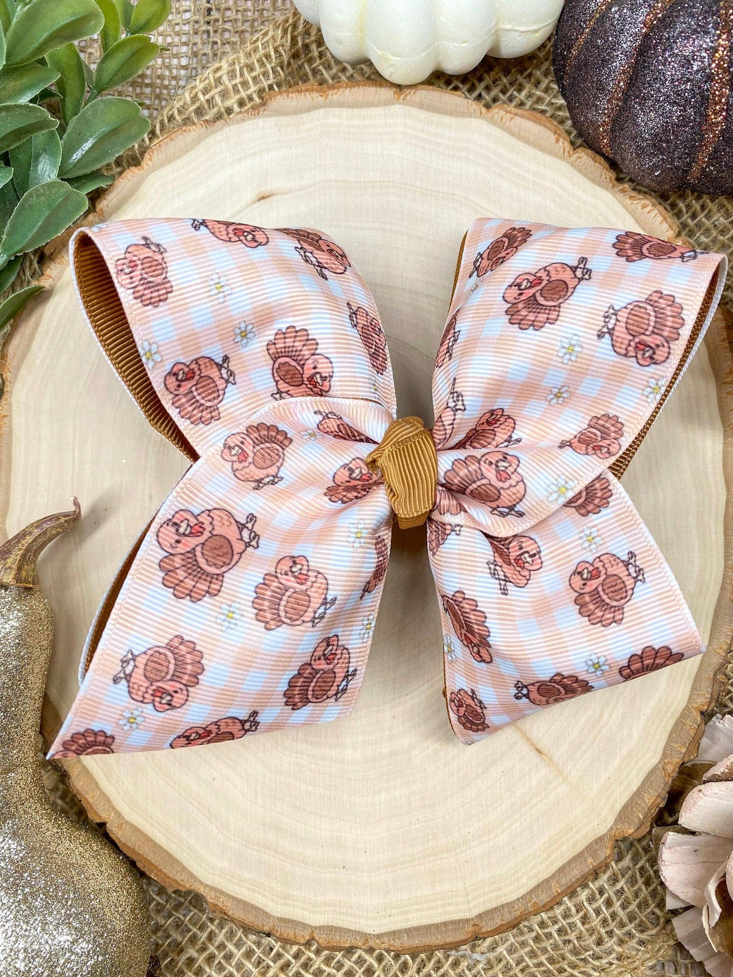 Turkey Print Gingham Bow | Thanksgiving Hair Bow