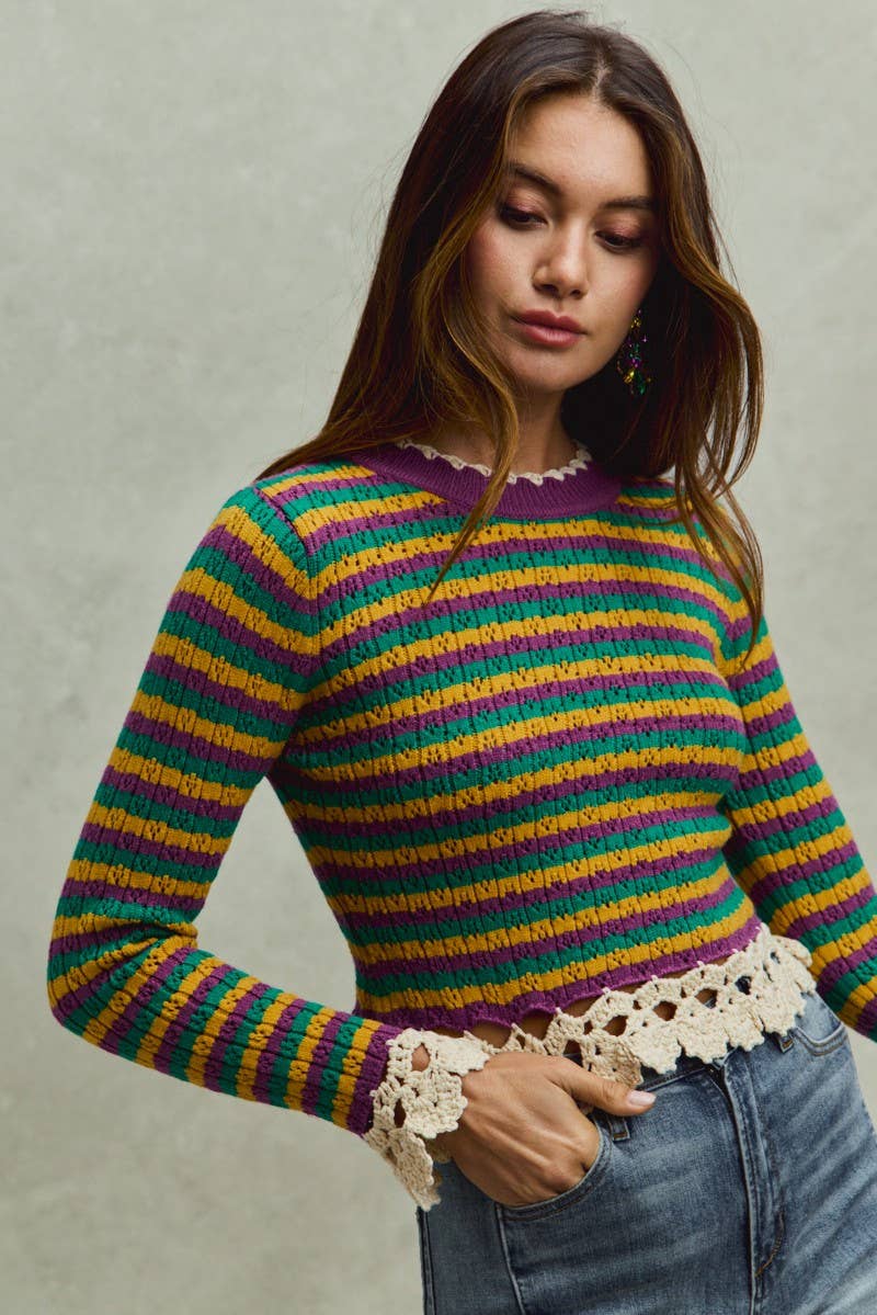 Mardi Gras Stripe Sweater Top With Crochet Edge