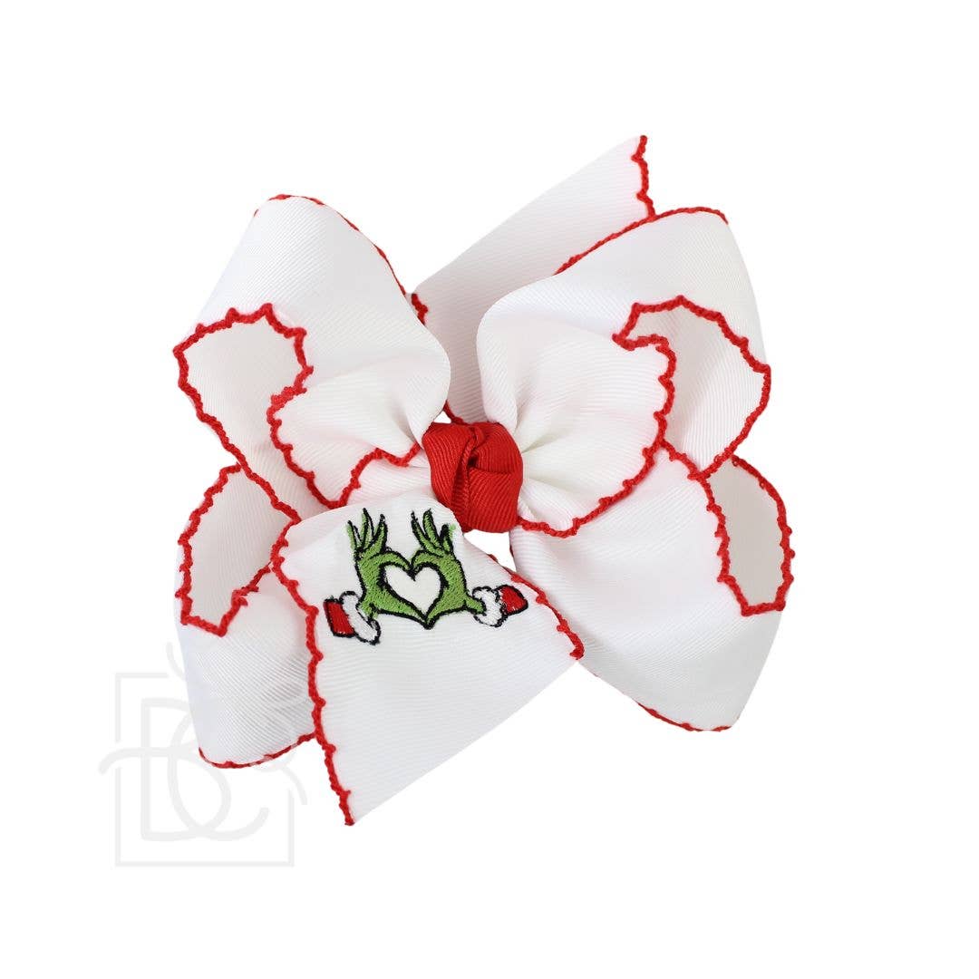 EMBROIDERED GRINCH HEART CROCHET EDGE HAIR BOWS: White w/ Red Crochet Edge / 5.5" Huge