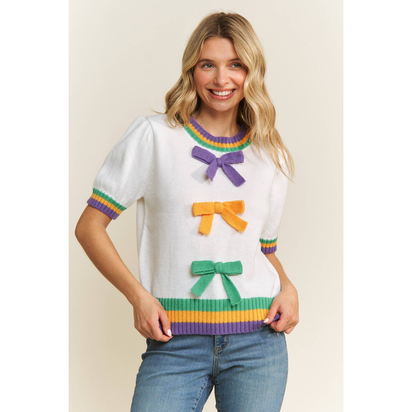 MARDI GRAS BOW DETAIL PUFF SLEEVE PULLOVER TOP