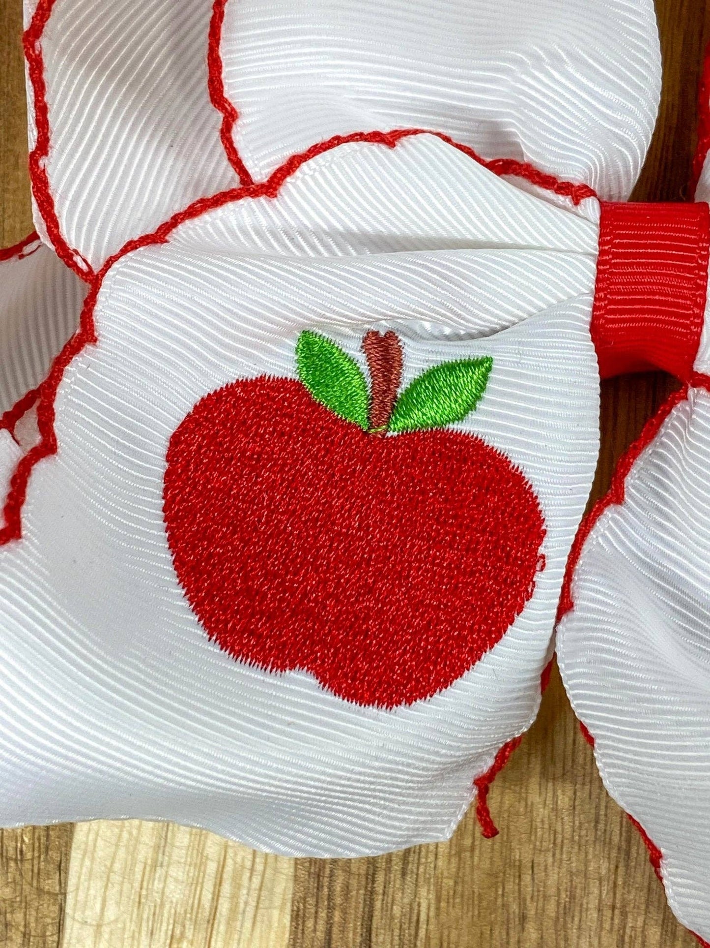 White Apple Embroidered Moonstitch Hair Bow