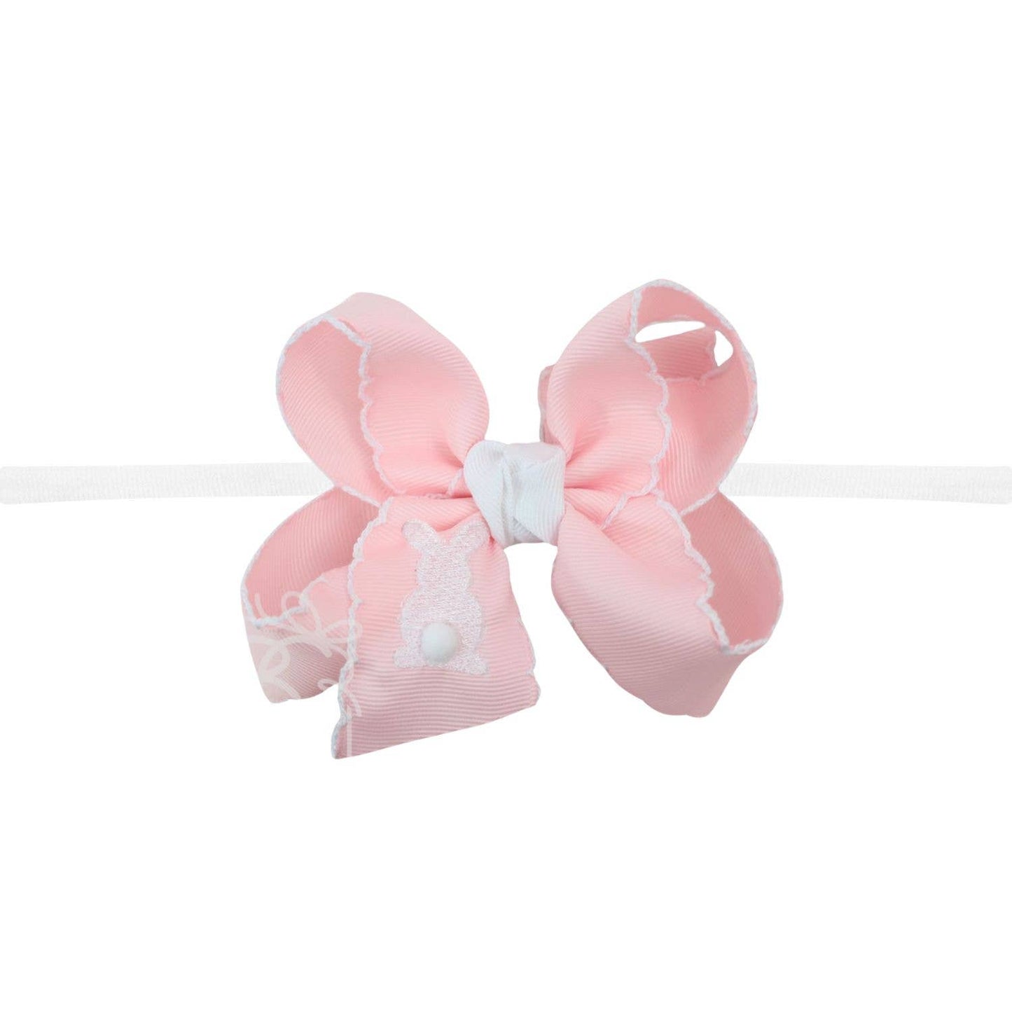 1/4" Pantyhose Headband w/ Embroidered Easter Bow: Light Pink w/ White Crochet Edge / 4.5" Large