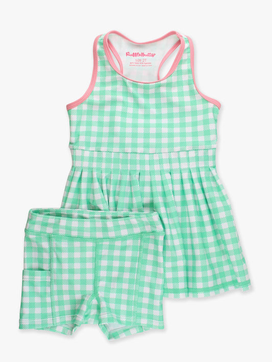 Girls Spring Bud Gingham Pleated Skirt Active Dress & Bike Short Set