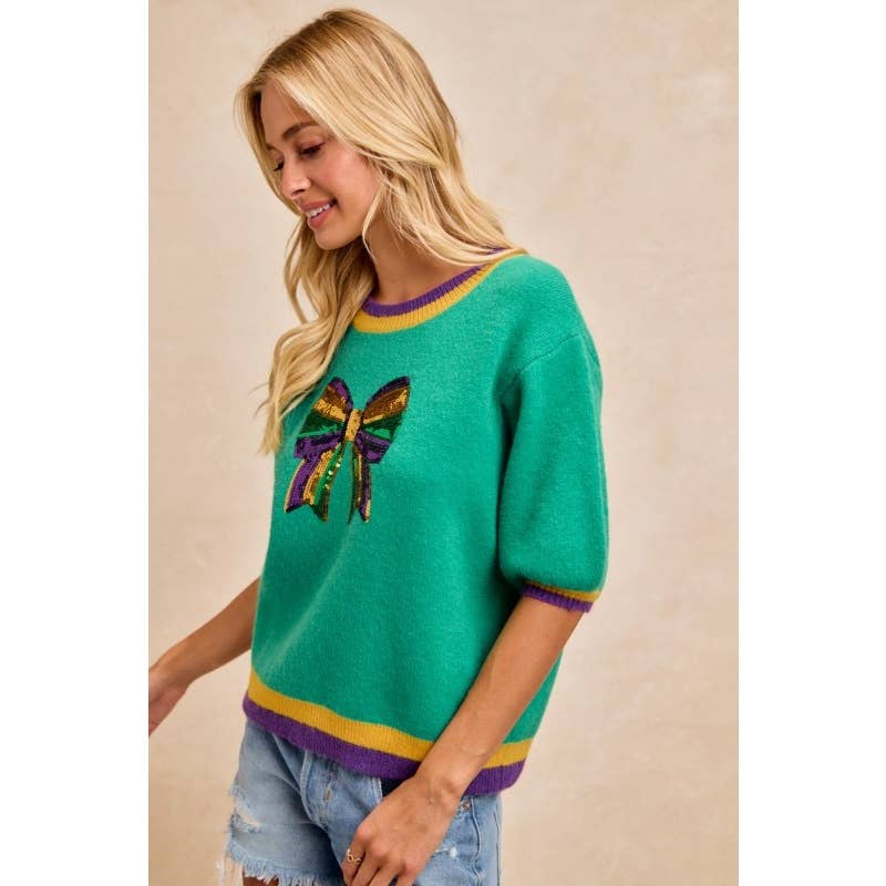 Mardi Gras Ladies Sequin Ribbon Patched Sweater Top
